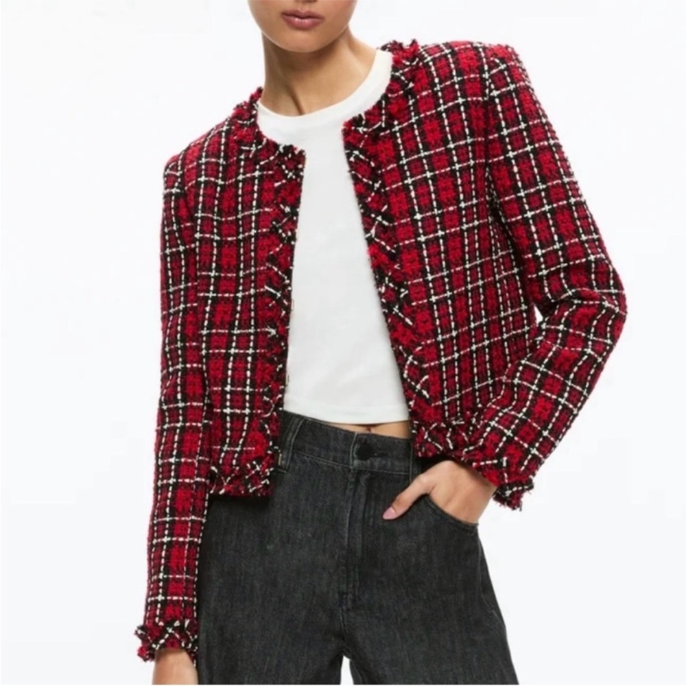 NWT Alice + Olivia Kidman Jacket Red Black Plaid Tartan Size 4 Shoulder Pads